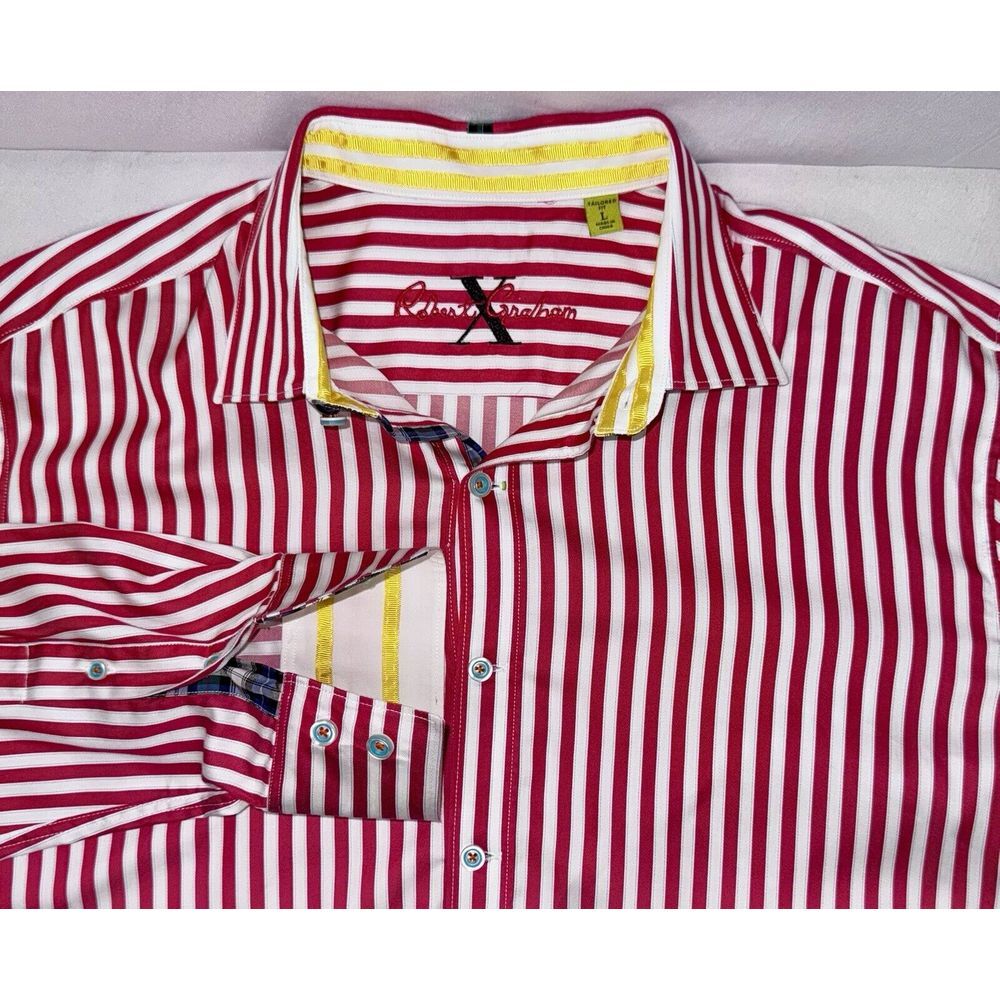 Robert Graham Mens Tailored Fit L Red White Striped Long Sleeve Button Down